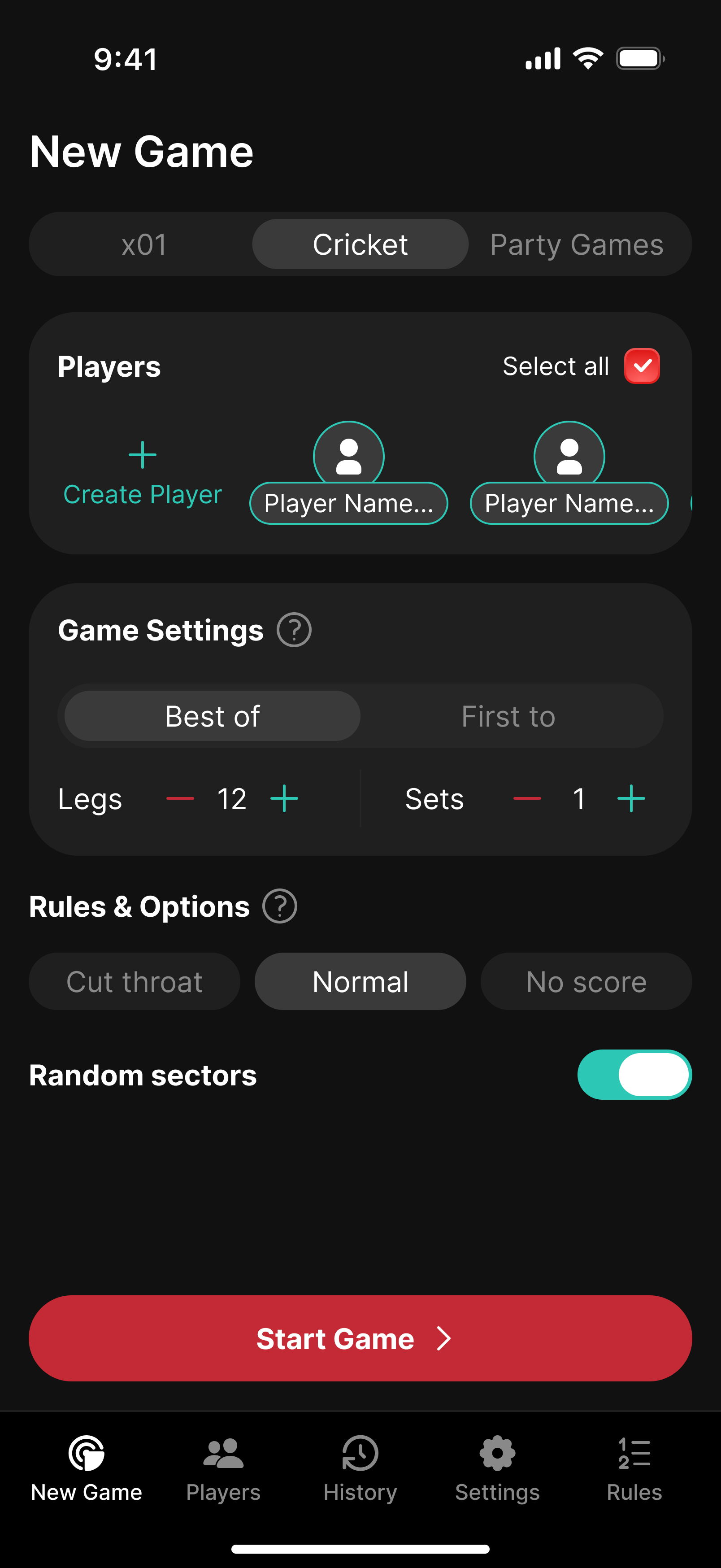 Game Setup Screen